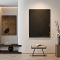 Minimalist Interior With Abstract Paintings On Wall And Modern Decorative Elements