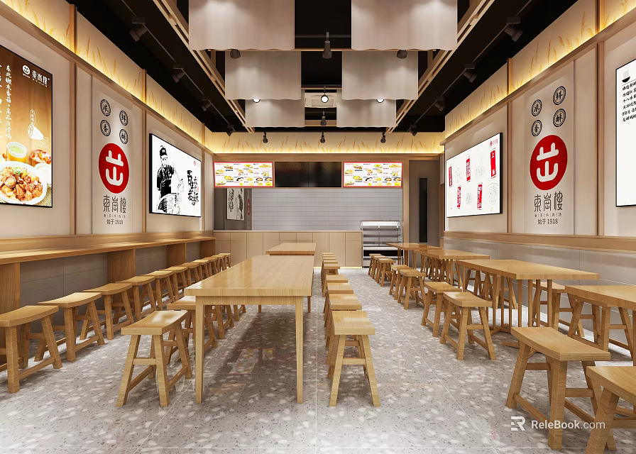 Traditional Restaurant Interior With Wooden Long Tables Stools Wall Decorations And Red Logos 3d model 