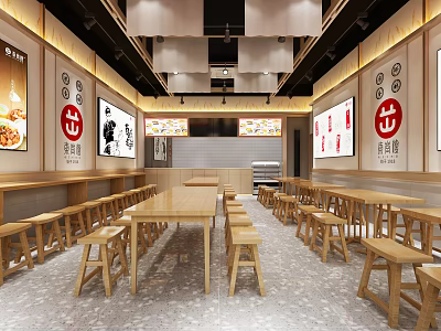 Traditional Restaurant Interior With Wooden Long Tables Stools Wall Decorations And Red Logos 3d model