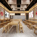 Traditional Restaurant Interior With Wooden Long Tables Stools Wall Decorations And Red Logos