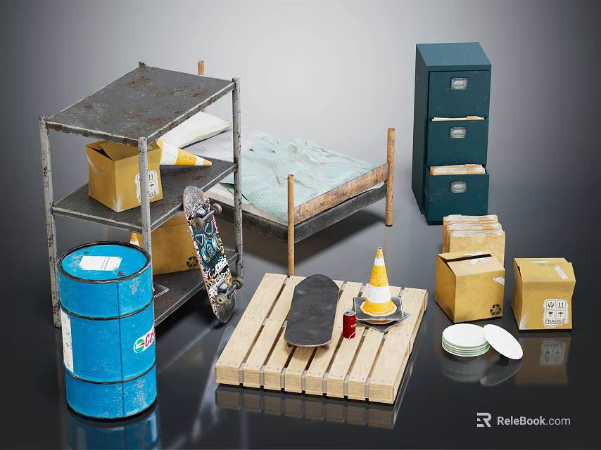 Industrial Metal Storage Shelving Unit With Wooden Boxes Skateboard And Blue Barrel 3d model 