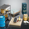 Industrial Metal Storage Shelving Unit With Wooden Boxes Skateboard And Blue Barrel
