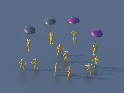 Yellow Game Characters With Gray And Purple Parachutes Falling In Air And Doing Ground Activities 3d model