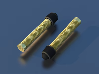 Two shiny golden metal springs with black ends on blue surface 3d model
