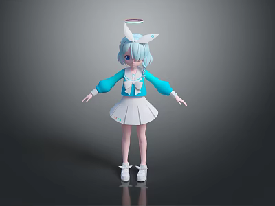 Cute 3D Anime Game Character with Light Blue Hair Halo and Rabbit Ear Sailor Uniform 3d model