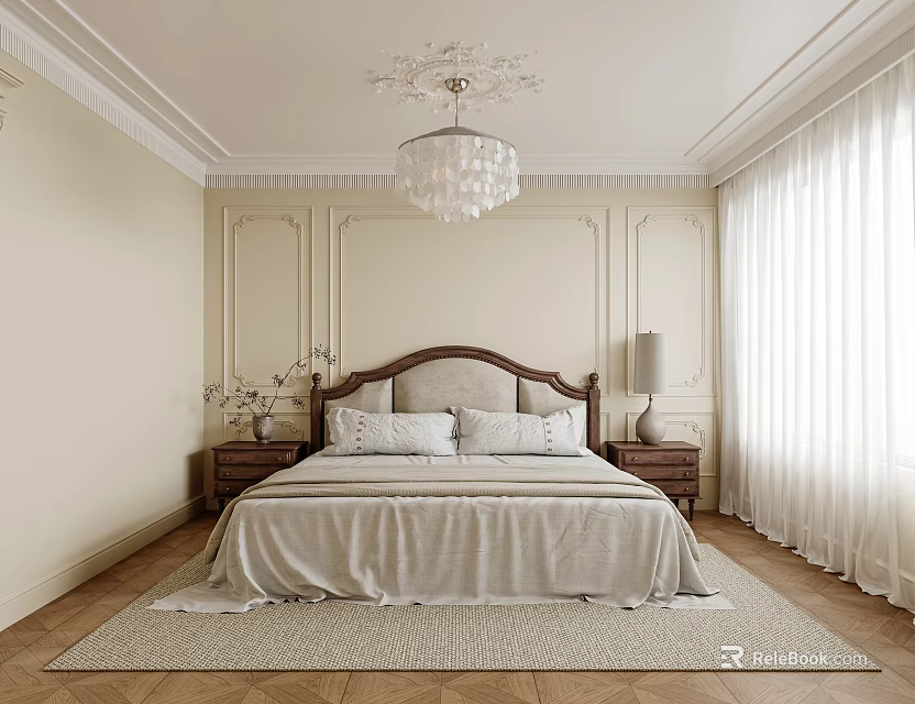 Elegant Bedroom Interior With King Size Bed Crystal Chandelier Bedside Tables And Curtains 3d model 