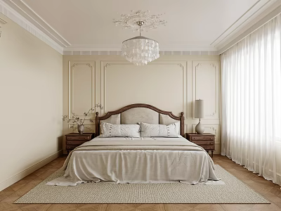 Elegant Bedroom Interior With King Size Bed Crystal Chandelier Bedside Tables And Curtains 3d model