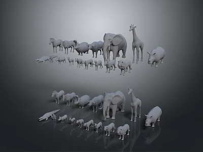 Collection of Various Animal Figurines Including Elephants Giraffes and Lions on Gray Background 3d model