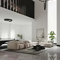 Modern Duplex Living Room Interior with High Ceiling Staircase and Green Plants