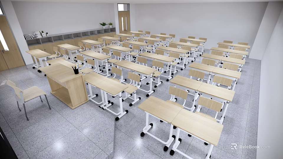 Modern School Classroom With Neatly Arranged Desks Chairs And Spacious Interior Layout 3d model 