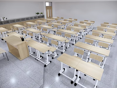 Modern School Classroom With Neatly Arranged Desks Chairs And Spacious Interior Layout 3d model
