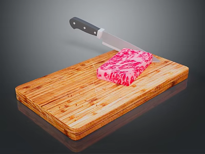 Fresh Raw Beef Steak on Wooden Cutting Board with Sharp Knife 3d model
