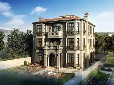 Elegant Detached Villa With Red Tile Roof Balconies Front Garden And Lush Greenery 3d model