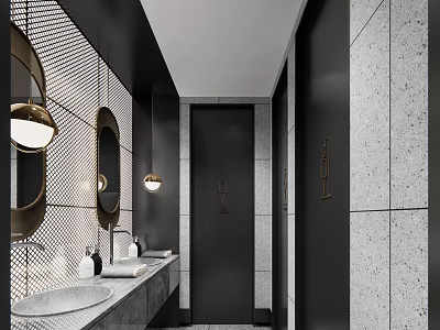 Modern Public Restroom Interior Design With Marble Walls Mirrors And Washbasins 3d model