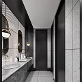 Modern Public Restroom Interior Design With Marble Walls Mirrors And Washbasins