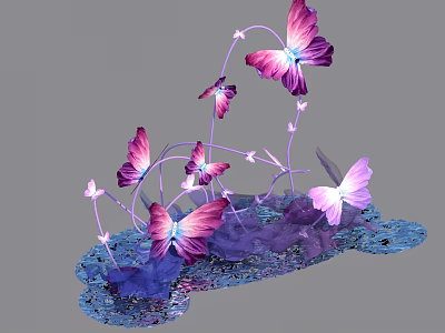 Vibrant Purple And Pink Butterfly Art Installation With Decorative Stems And Blue Base 3d model