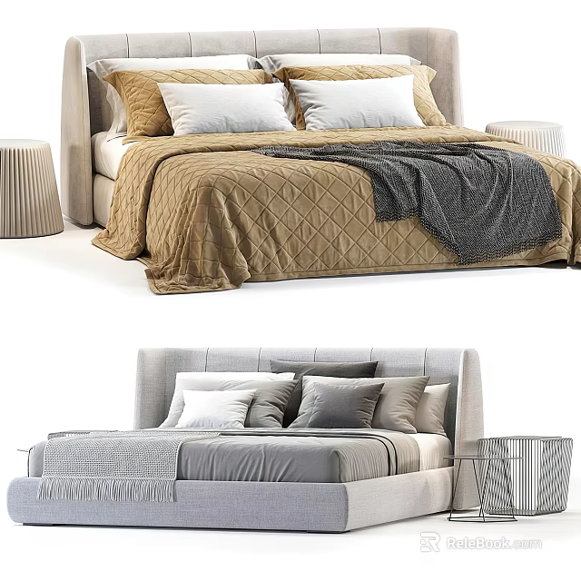 Modern Double Bed Design With Upholstered Headboard Quilted Bedspread And Throw Blanket 3d model 