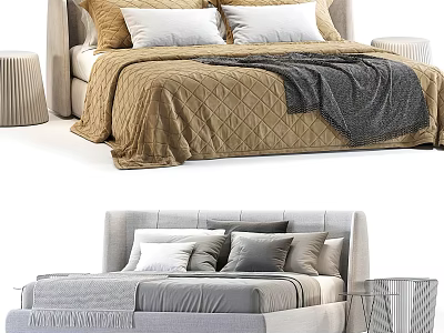 Modern Double Bed Design With Upholstered Headboard Quilted Bedspread And Throw Blanket 3d model