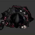 Woman With Pink Hair And Horned Headdress In Black Red Gothic Outfit Holding Skull Accessory