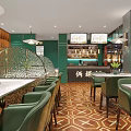 Modern Restaurant Interior With Green Walls Gold Screens White Tables Green Chairs And Geometric Floors