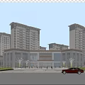 Modern Commercial Street Featuring Tall Buildings Glass Facades Pedestrians And Vehicles In Plaza
