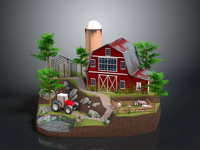 Cartoon Farm Scene With Red Barn White Silo Trees Tractor Sheep And Stream 3d model