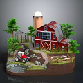 Cartoon Farm Scene With Red Barn White Silo Trees Tractor Sheep And Stream