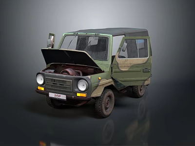 Vintage Green Camouflage Off Road Vehicle With Open Hood And Visible Engine 3d model