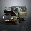 Vintage Green Camouflage Off Road Vehicle With Open Hood And Visible Engine