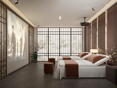 Relaxing SPA Sauna Interior With Comfortable Massage Beds Wooden Decorative Walls And Warm Lighting 3d model