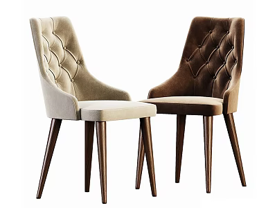 Elegant Diamond Tufted Accent Chairs in Beige and Brown Velvet with Stylish Wooden Legs 3d model