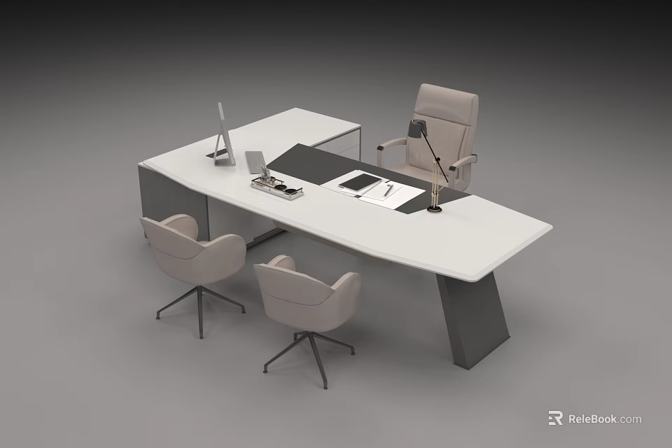 Modern Office Desk With White Surface Ergonomic Chairs Laptop And Microphone Setup 3d model 