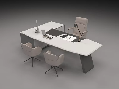 Modern Office Desk With White Surface Ergonomic Chairs Laptop And Microphone Setup 3d model