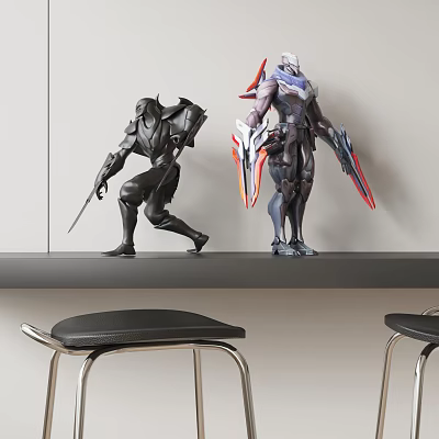 Modern Mecha Action Figures Displayed On Shelf With Black Stools Nearby 3d model