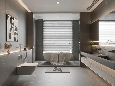 Modern Bathroom Interior With Bathtub Blinds Vanity Artwork And Tile Flooring 3d model
