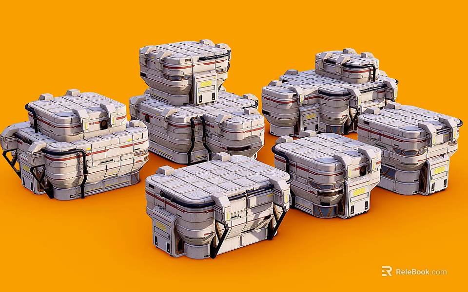 Multiple Gray Stacked Containers With Stripes And Structural Details On Orange Background 3d model