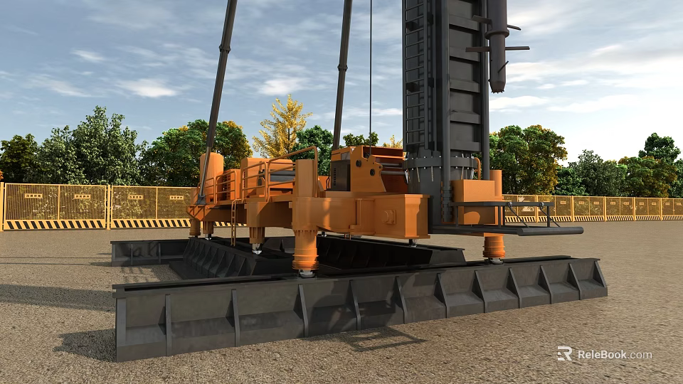 Heavy Duty Orange Black Hydraulic Pile Driver With Support Base Track System For Construction Site 3d model 