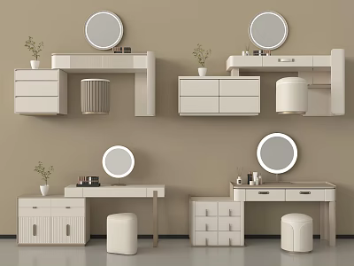 Modern Dressing Tables With Round Mirrors Drawers Stools And Potted Plants 3d model