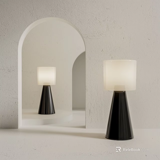 Modern Table Lamp With Black Cone Base And White Shade In Arched Mirror Interior 3d model 