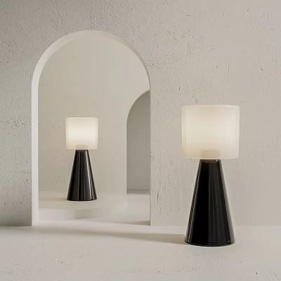 Modern Table Lamp With Black Cone Base And White Shade In Arched Mirror Interior 3d model