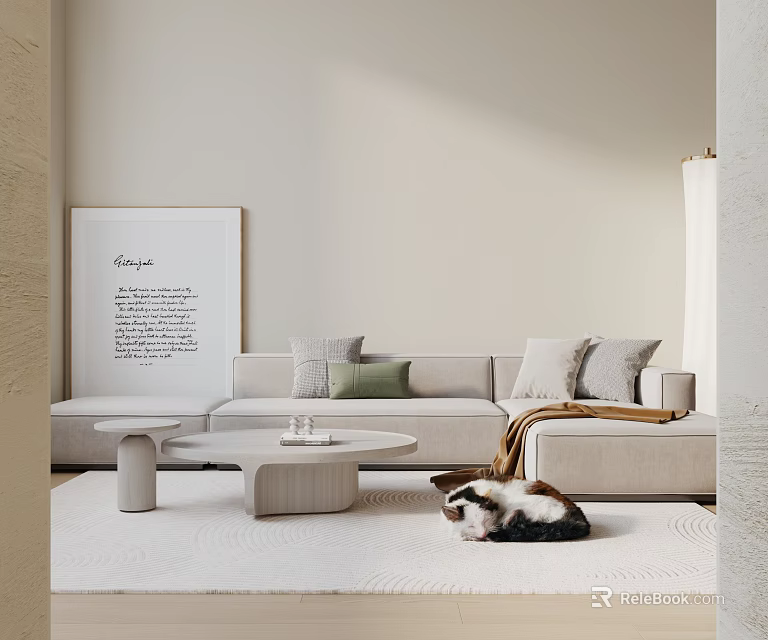 Minimalist Living Room With Beige Sectional Sofa And Coffee Tables 3d model 