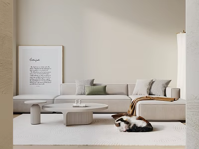 Minimalist Living Room With Beige Sectional Sofa And Coffee Tables 3d model