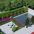 Scenic Park Landscape With Swimming Pool Greenery Trees Tennis Court And Seating Area