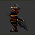 Wolf Samurai 3D Character Model With Red Yellow Armor Standing Pose Design