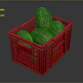 Fresh Ripe Watermelons in Red Plastic Crate with Green Striped Skin
