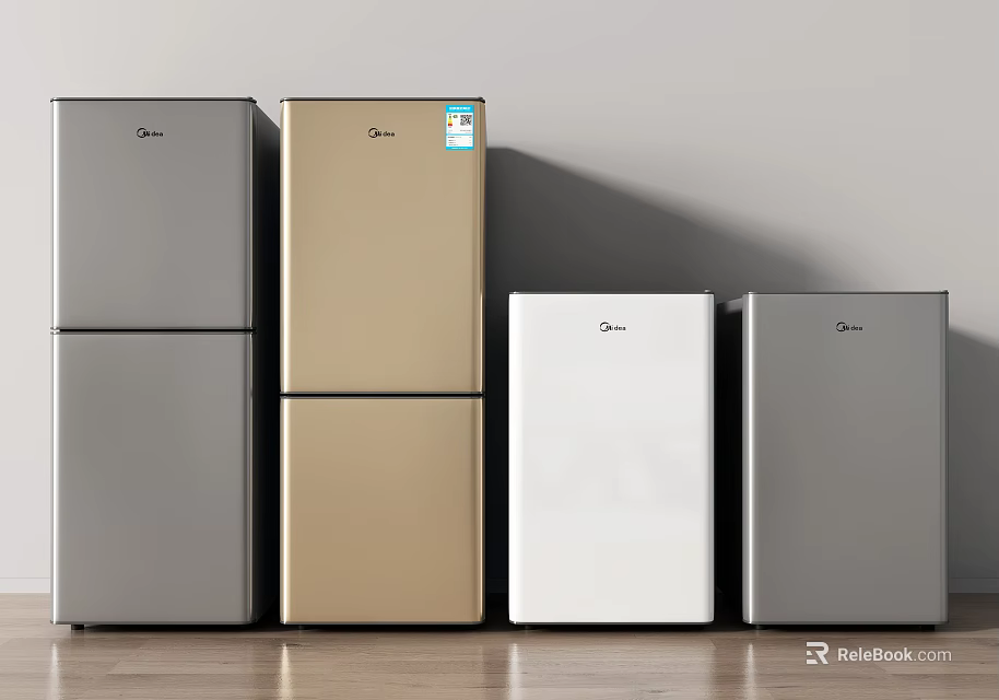 Modern Refrigerators And Freezers In Silver Gold White Colors Displayed In A Row 3d model 