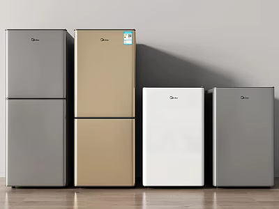 Modern Refrigerators And Freezers In Silver Gold White Colors Displayed In A Row 3d model
