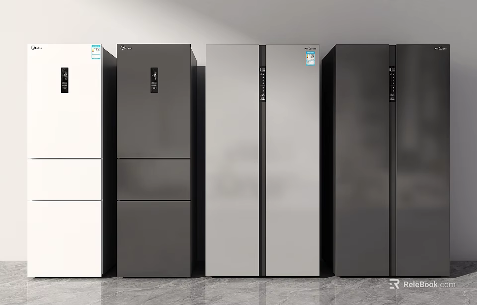 Various Style Refrigerators In White Black Silver And Gray Colors Displayed Together 3d model 