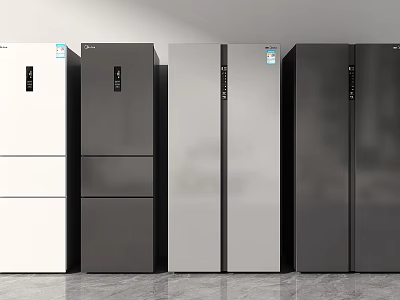 Various Style Refrigerators In White Black Silver And Gray Colors Displayed Together 3d model