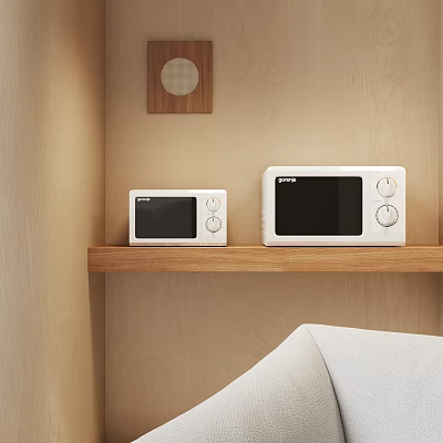 Modern Kitchen Scene With White Microwaves On Wooden Shelf And Light Wall 3d model